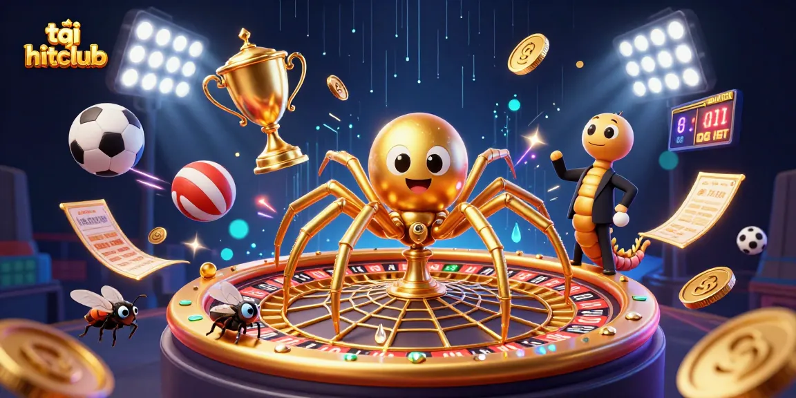 Engage in thrilling action to tải hitclub with a dynamic scene featuring a golden spider, croupier centipede, and animated sports elements.