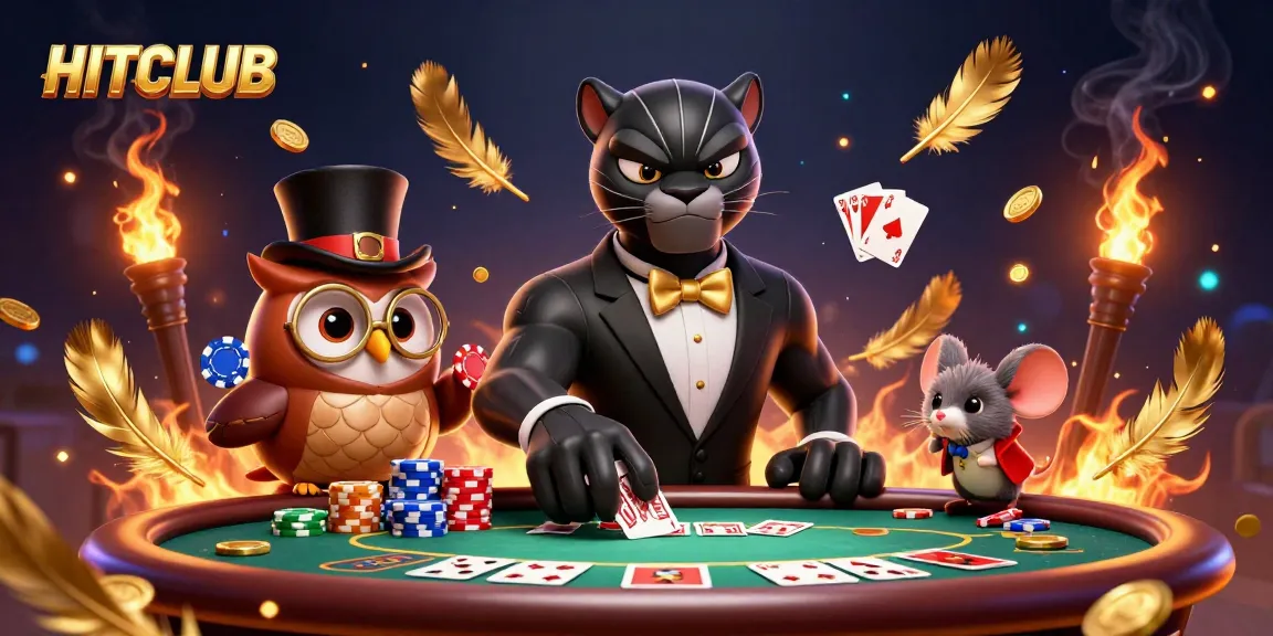 Engage with HITCLUB as cartoon characters deal cards at a vibrant poker scene with gold coins and fire effects.
