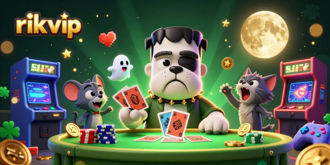 Engage with the excitement of rik vip at a mystical casino table with energetic characters and glowing elements.