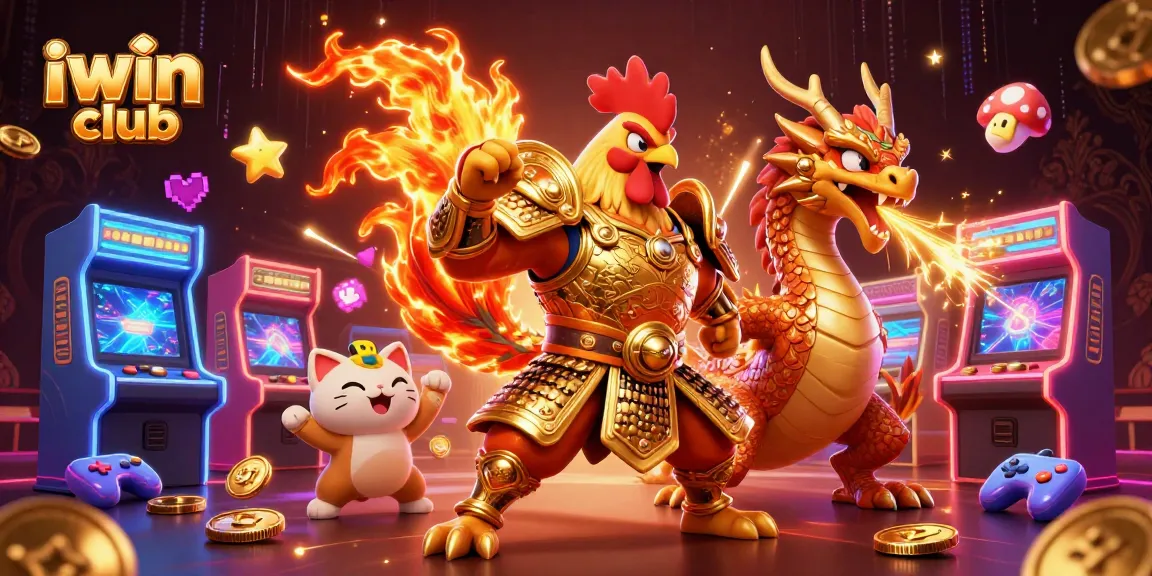 Iwin club showcases a vibrant 3D fighting rooster warrior with a dragon hatchling amidst dynamic gaming elements.