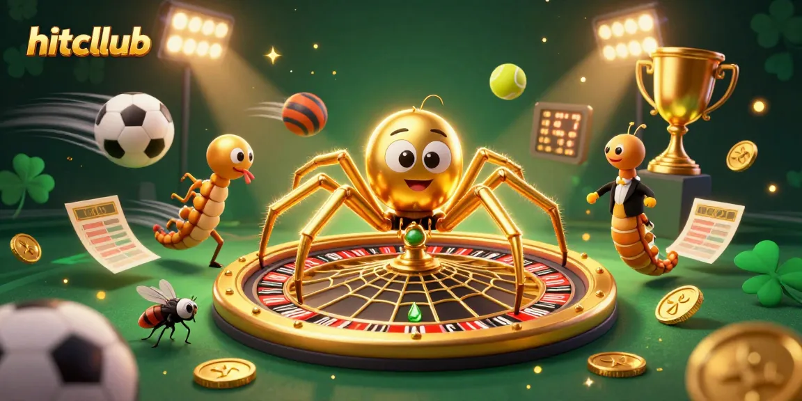 Spin the roulette wheel at hitcllub, featuring a playful spider and centipede croupier amidst vibrant casino elements.