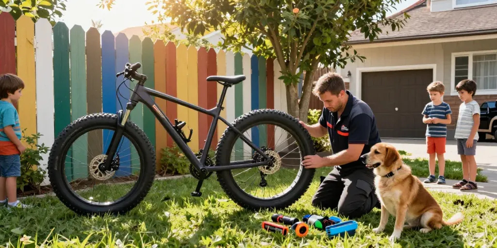 Fatbike onderdelen worden geïnstalleerd door een mobiele monteur in een tuin, met een vrolijke sfeer en tools op het gras.