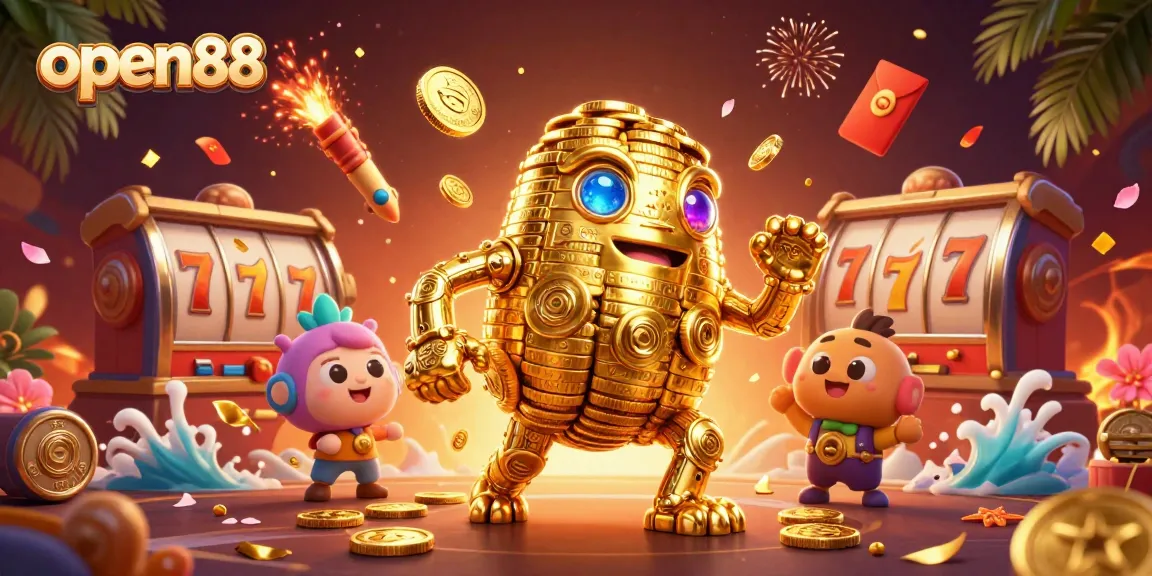 Experience thrilling gaming action at open88 with a golden golem amidst vibrant casino elements.