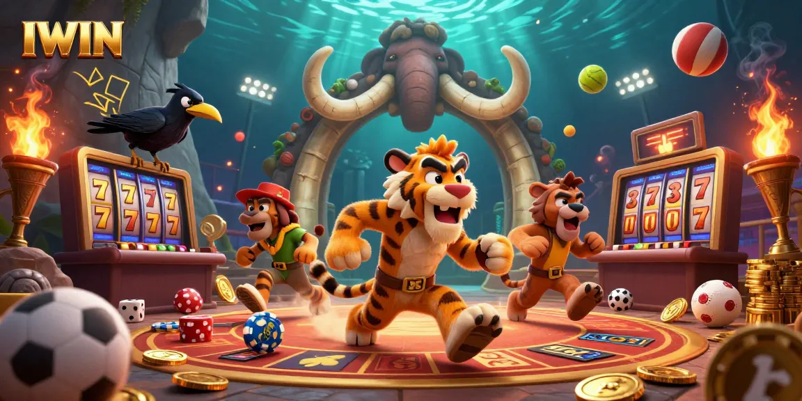 IWIN Casino brings vibrant energy with caveman characters amidst dynamic gaming elements.