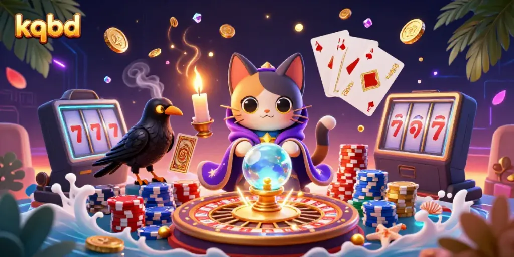 KQBD features vibrant mystical characters entwined with casino elements like coins and cards.