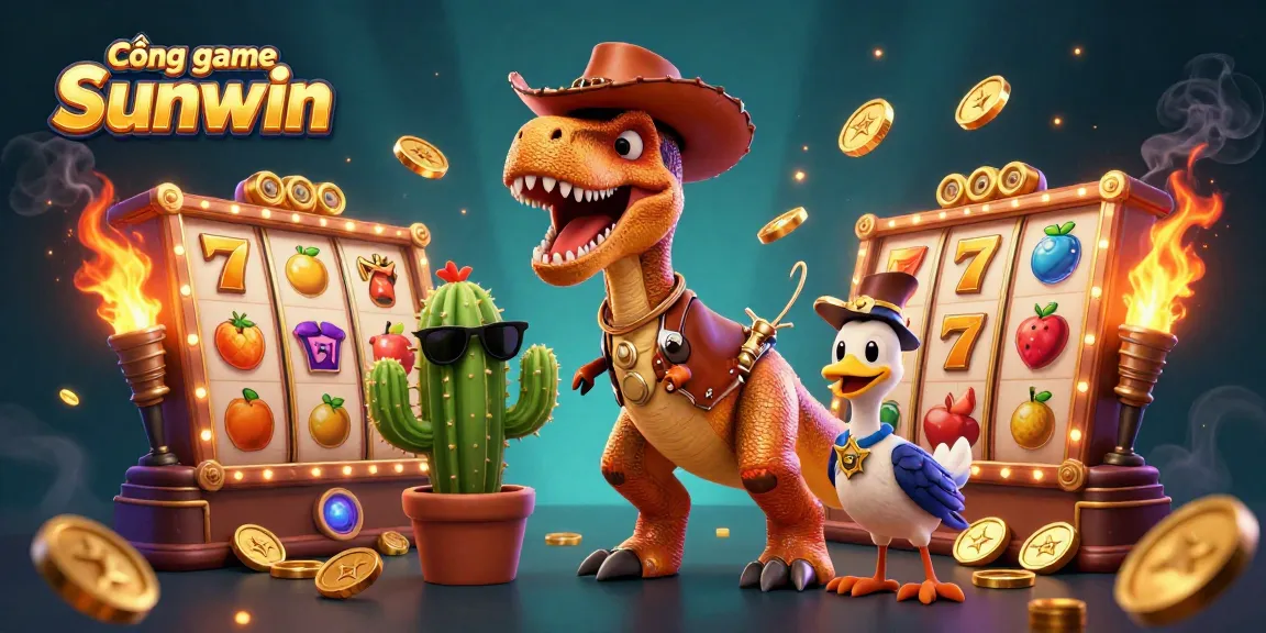 Cổng game Sunwin showcases a vibrant 3D casino scene with T-Rex, cactus, and roadrunner characters surrounded by slots and jackpot elements.