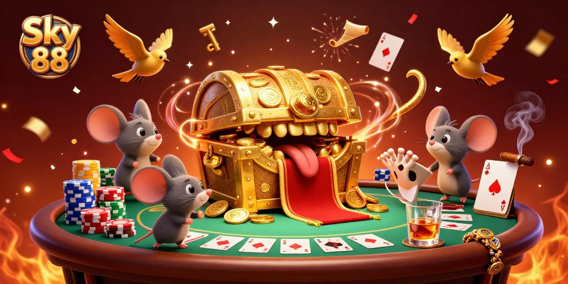 Experience thrilling action at Sky 88 with a vibrant 3D casino illustration featuring poker games and treasure.