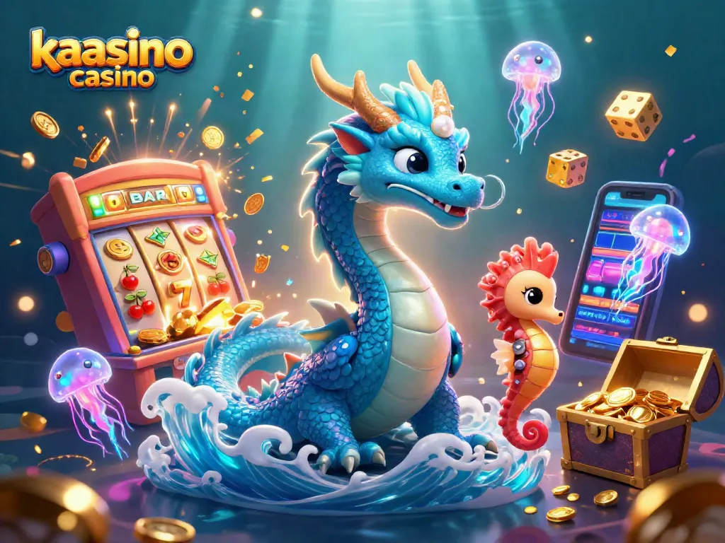 Kaasino casino offers exhilarating gaming with an azure water dragon, seahorse knight, and vibrant slot machine action.