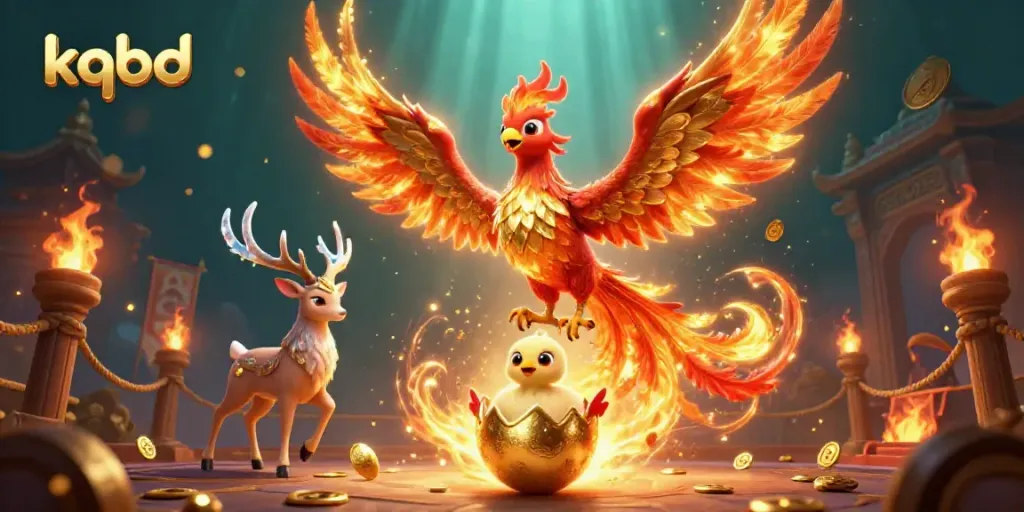 Experience kqbd with vibrant 3D phoenix imagery showcasing fire and gold dynamics in a casino-themed scene.