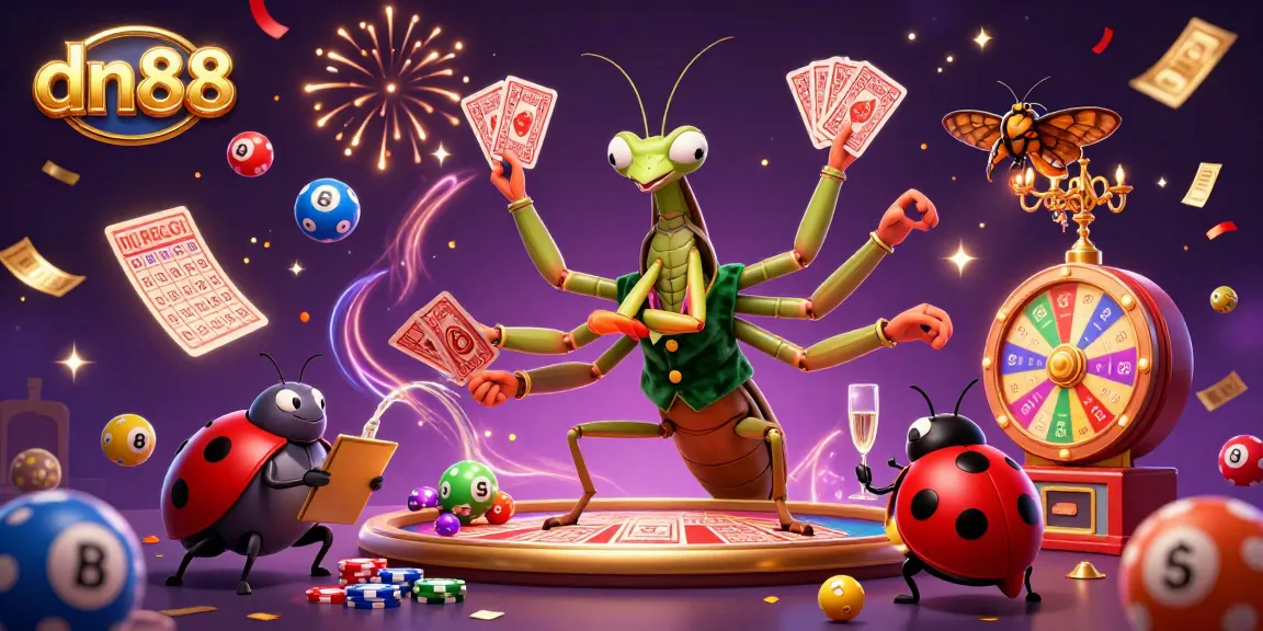 Join the excitement at dn88 where a giant praying mantis card sharp astounds with card tricks amidst vibrant gambling elements.