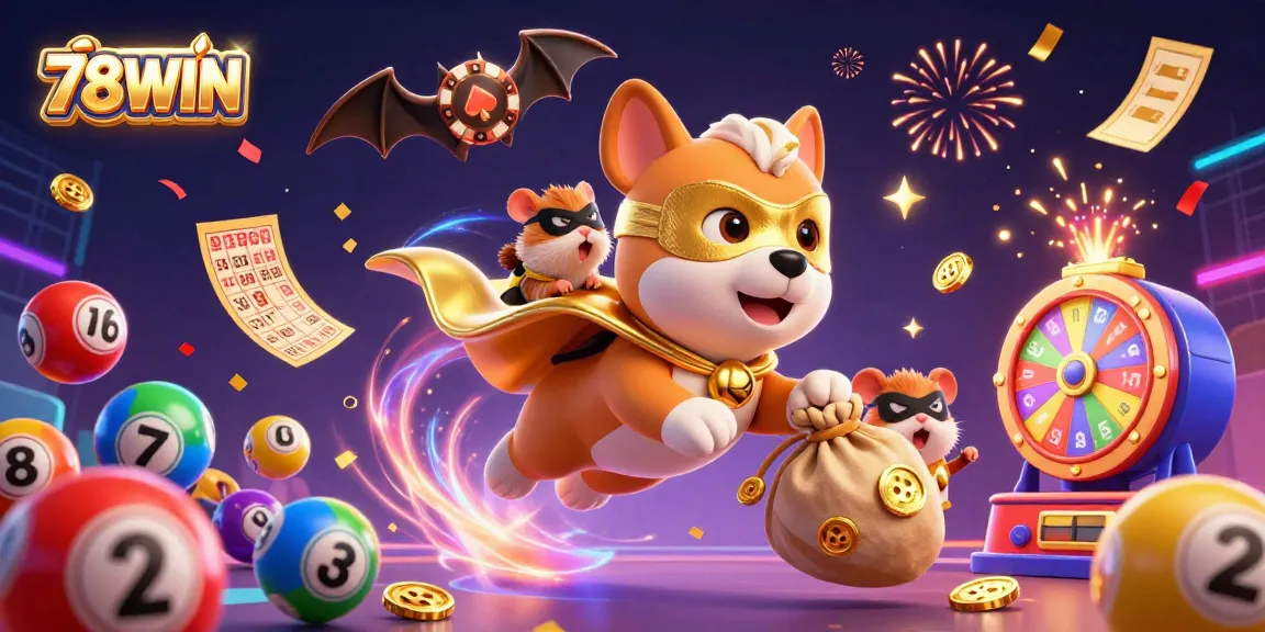 Experience thrilling gameplay at 78WIN with colorful lottery elements and dynamic characters celebrating wins.