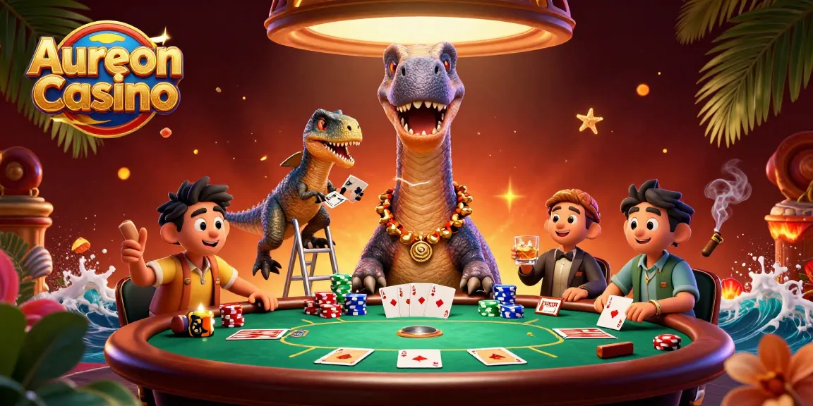 Aureon Casino showcases a whimsical scene with a towering brontosaurus overseeing a vibrant poker table filled with chips.